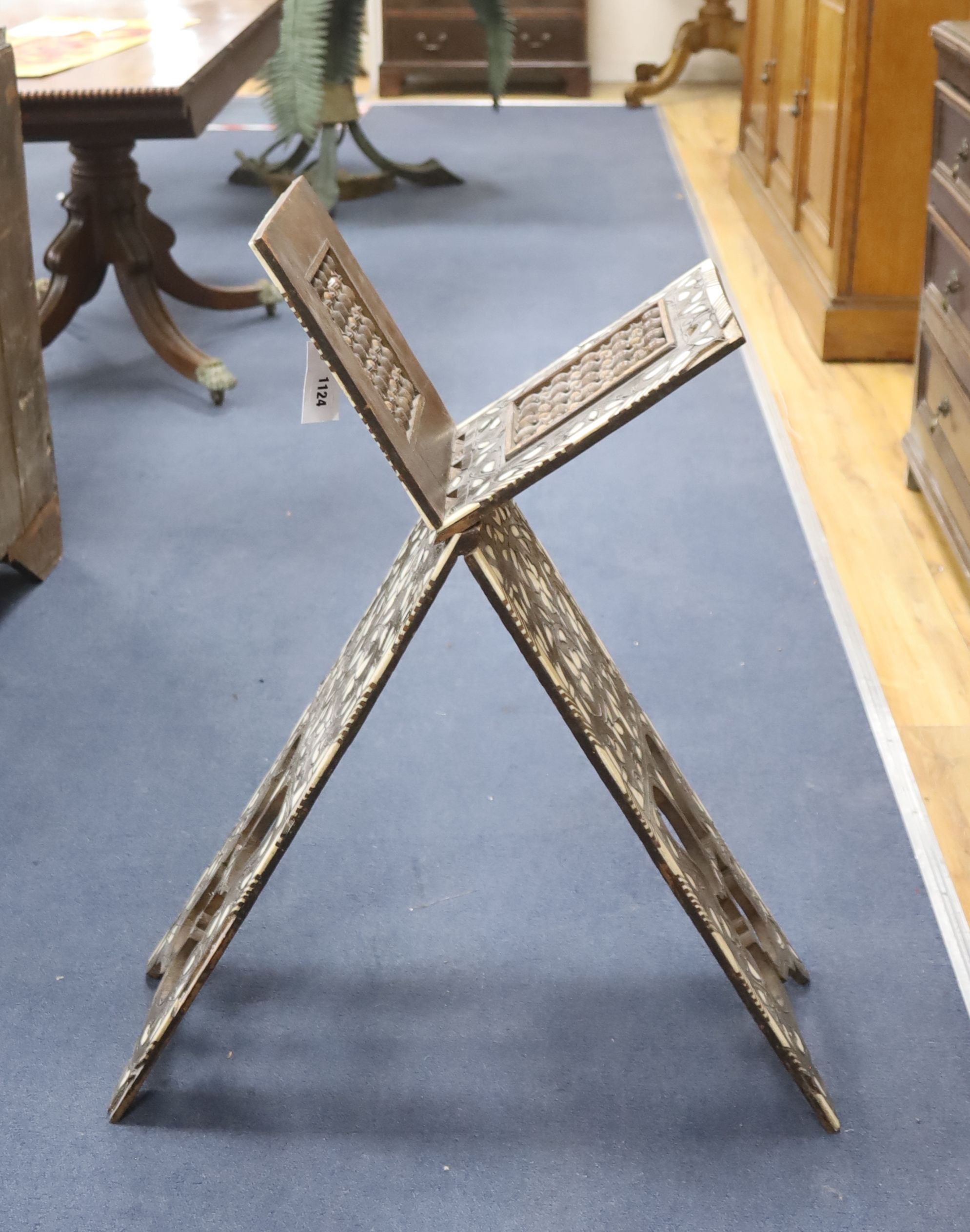 A 19th century mother of pearl inlaid Middle Eastern Koran stand, height 73cm